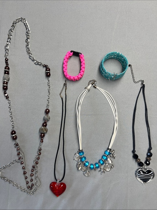 None Jewelry - Blue Bead Multi-Strand Charm Necklace with White Cords